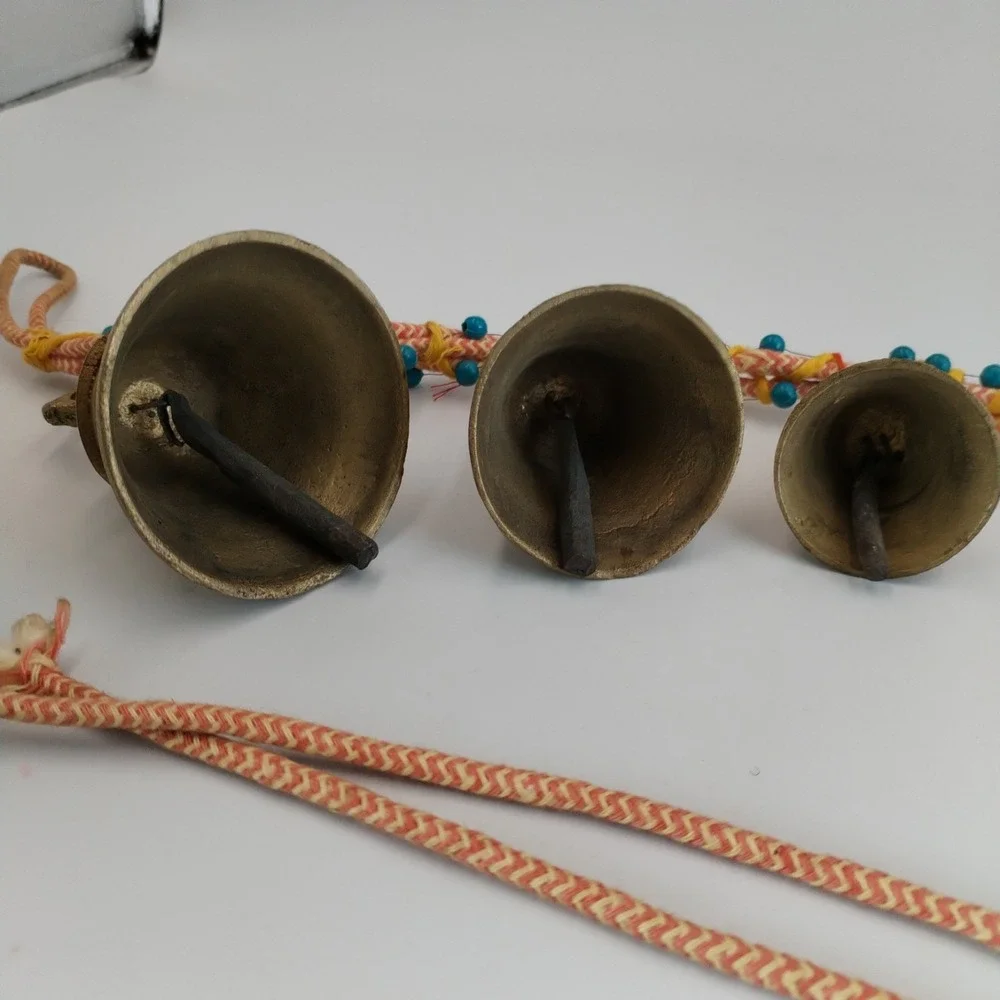 Vintage‎ India Brass Bells on Rope String of 3 Beaded Door Hanger Boho Chime Vtg